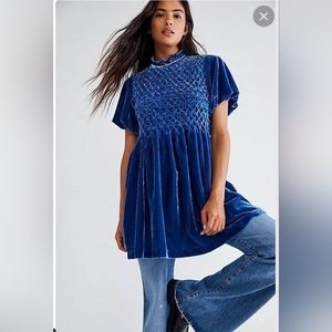 Free People Gum Drop Mini Dress Velvet Mocked Neck Smocked Large New